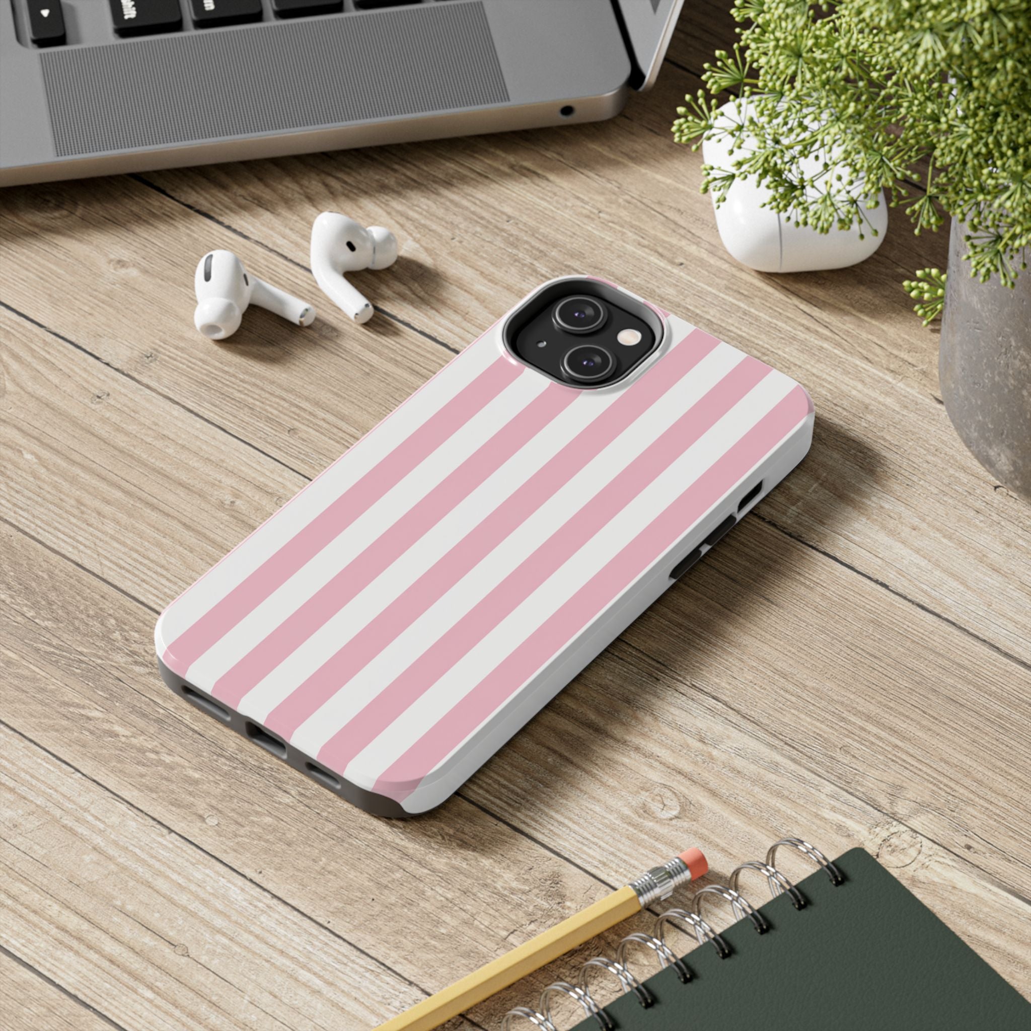 Pink Blush Striped Tough Phone Case | Soft Pink & White Preppy iPhone Case