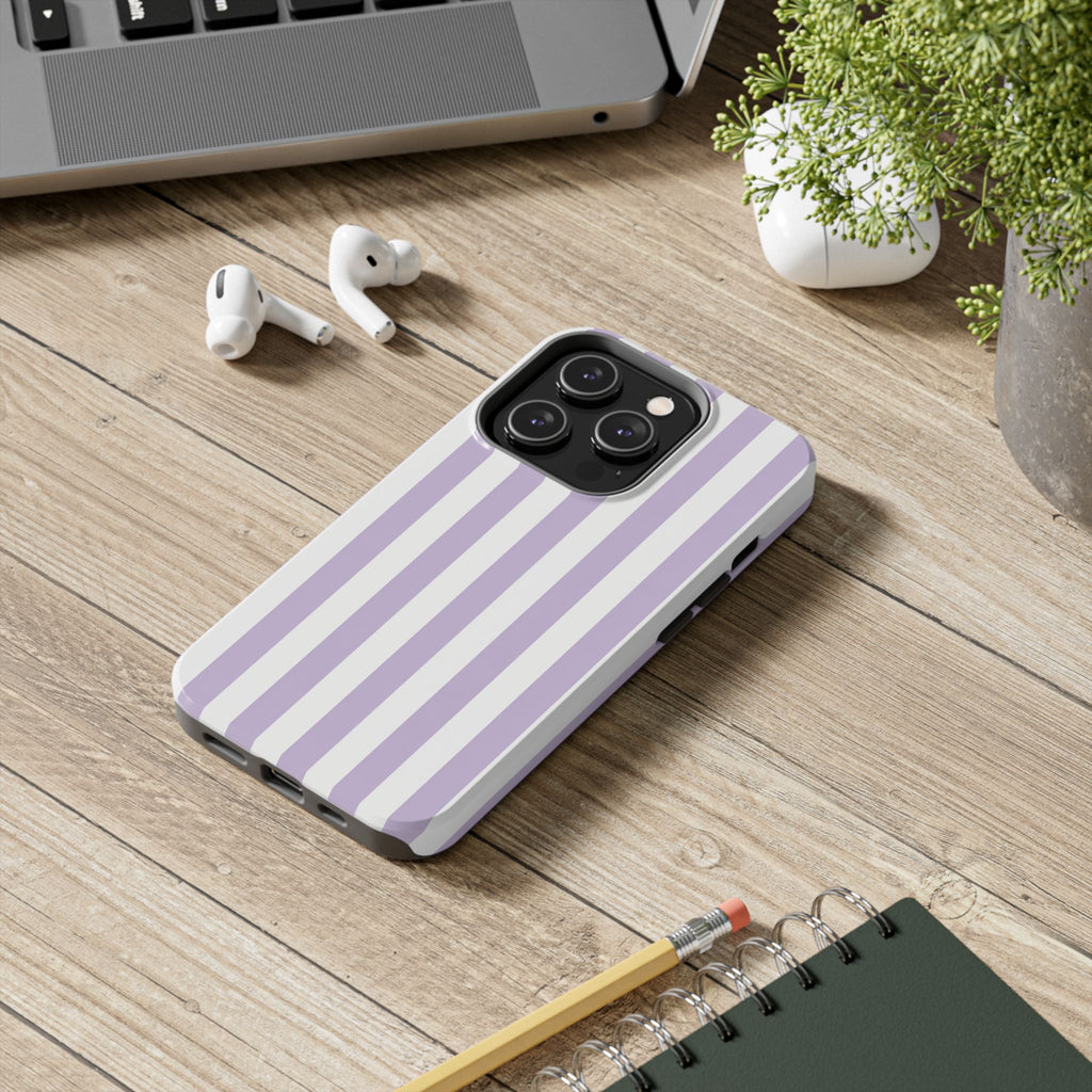 Lavender Mist Striped Tough Phone Case | Soft Purple & White Preppy iPhone Case
