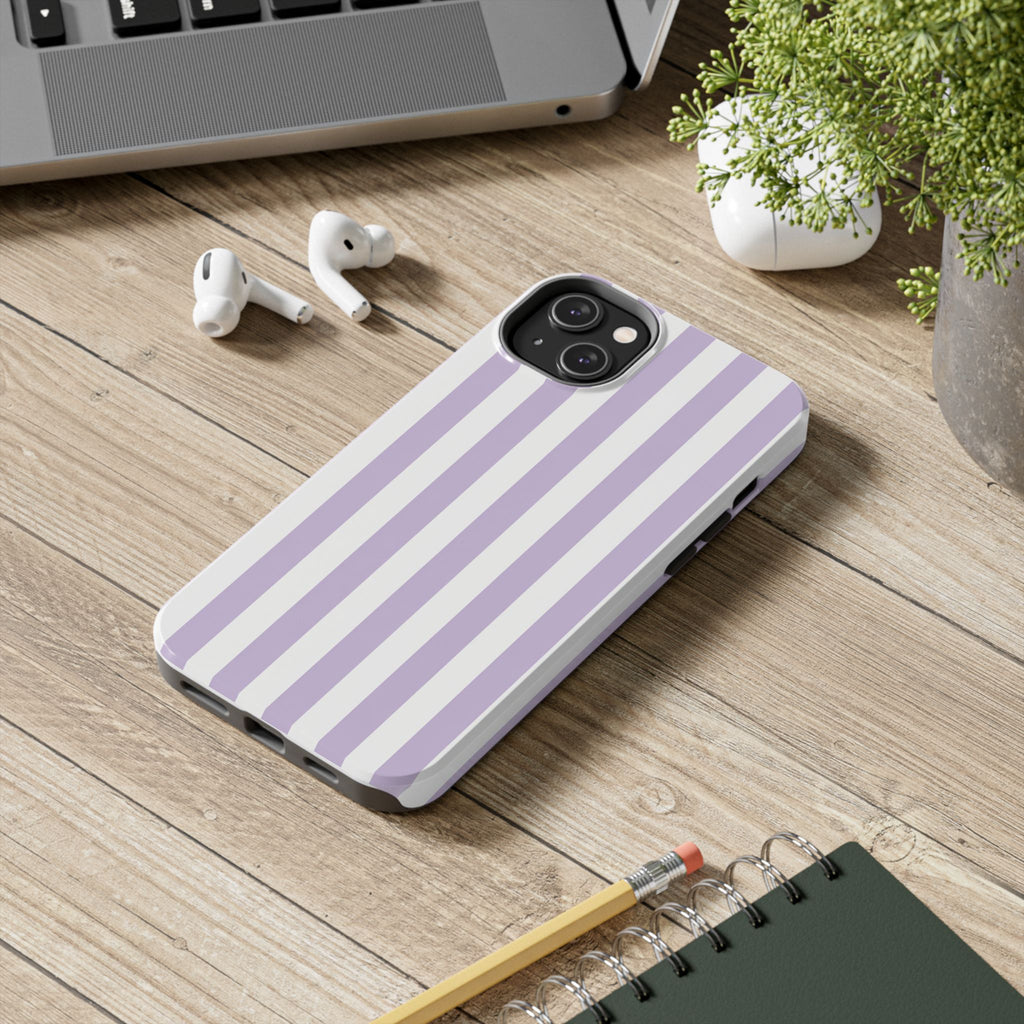 Lavender Mist Striped Tough Phone Case | Soft Purple & White Preppy iPhone Case