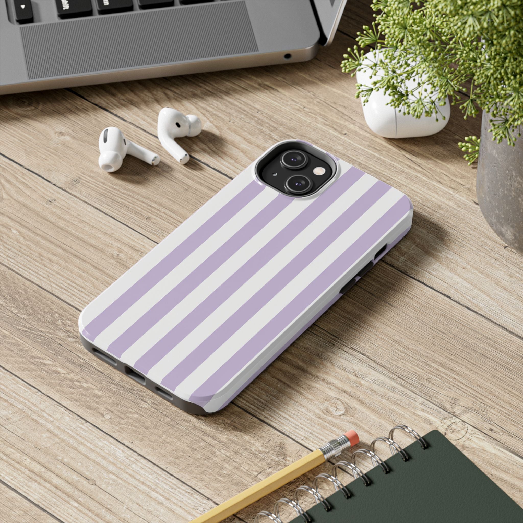 Lavender Mist Striped Tough Phone Case | Soft Purple & White Preppy iPhone Case