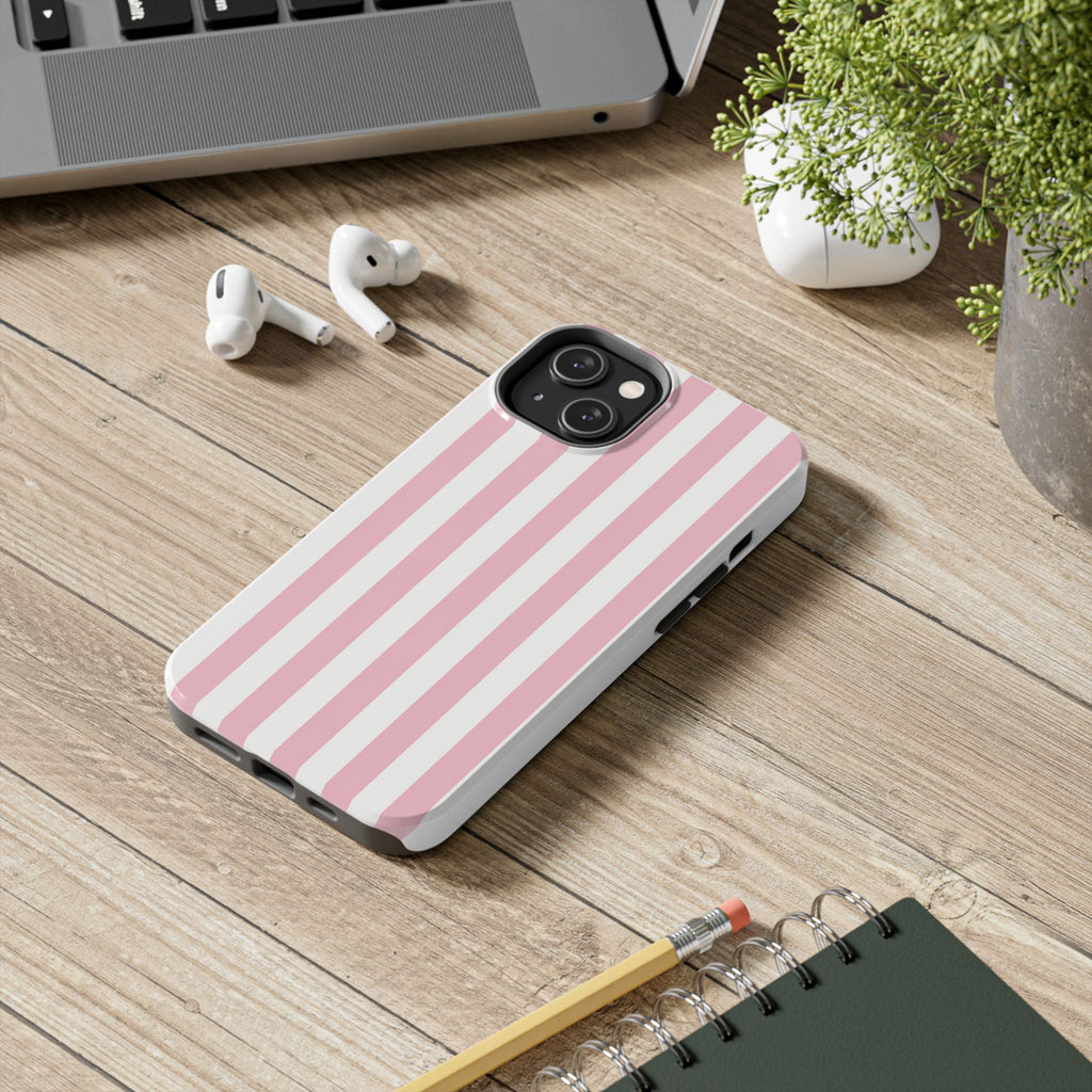 Pink Blush Striped Tough Phone Case | Soft Pink & White Preppy iPhone Case