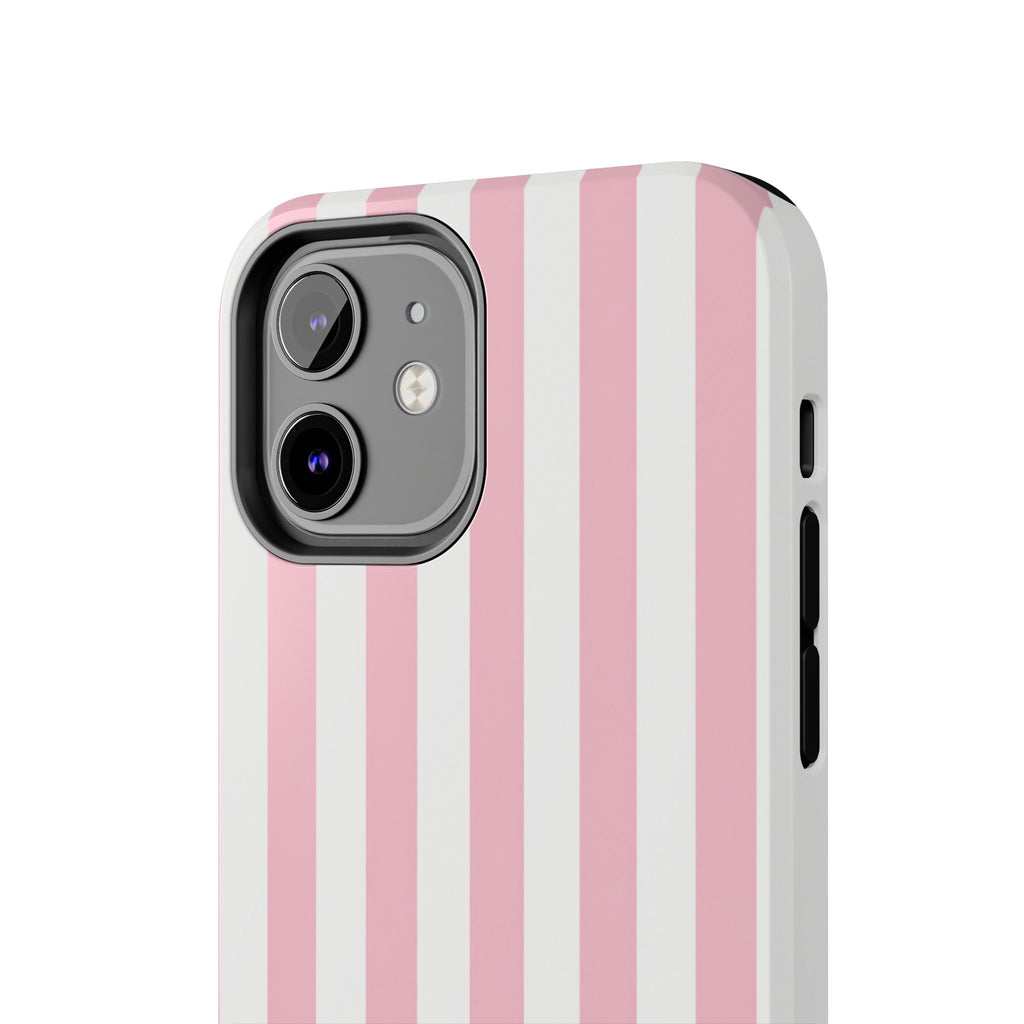 Pink Blush Striped Tough Phone Case | Soft Pink & White Preppy iPhone Case