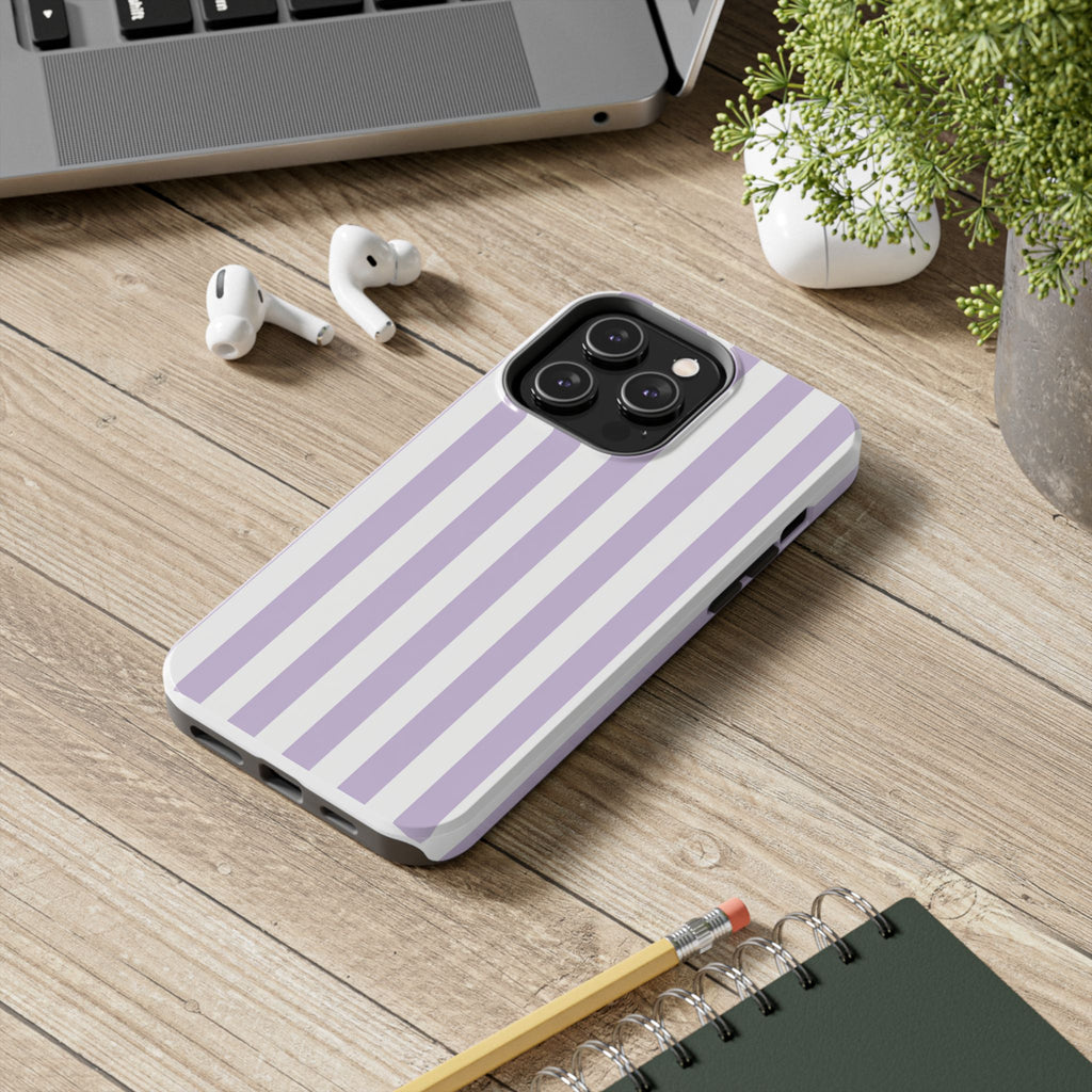 Lavender Mist Striped Tough Phone Case | Soft Purple & White Preppy iPhone Case
