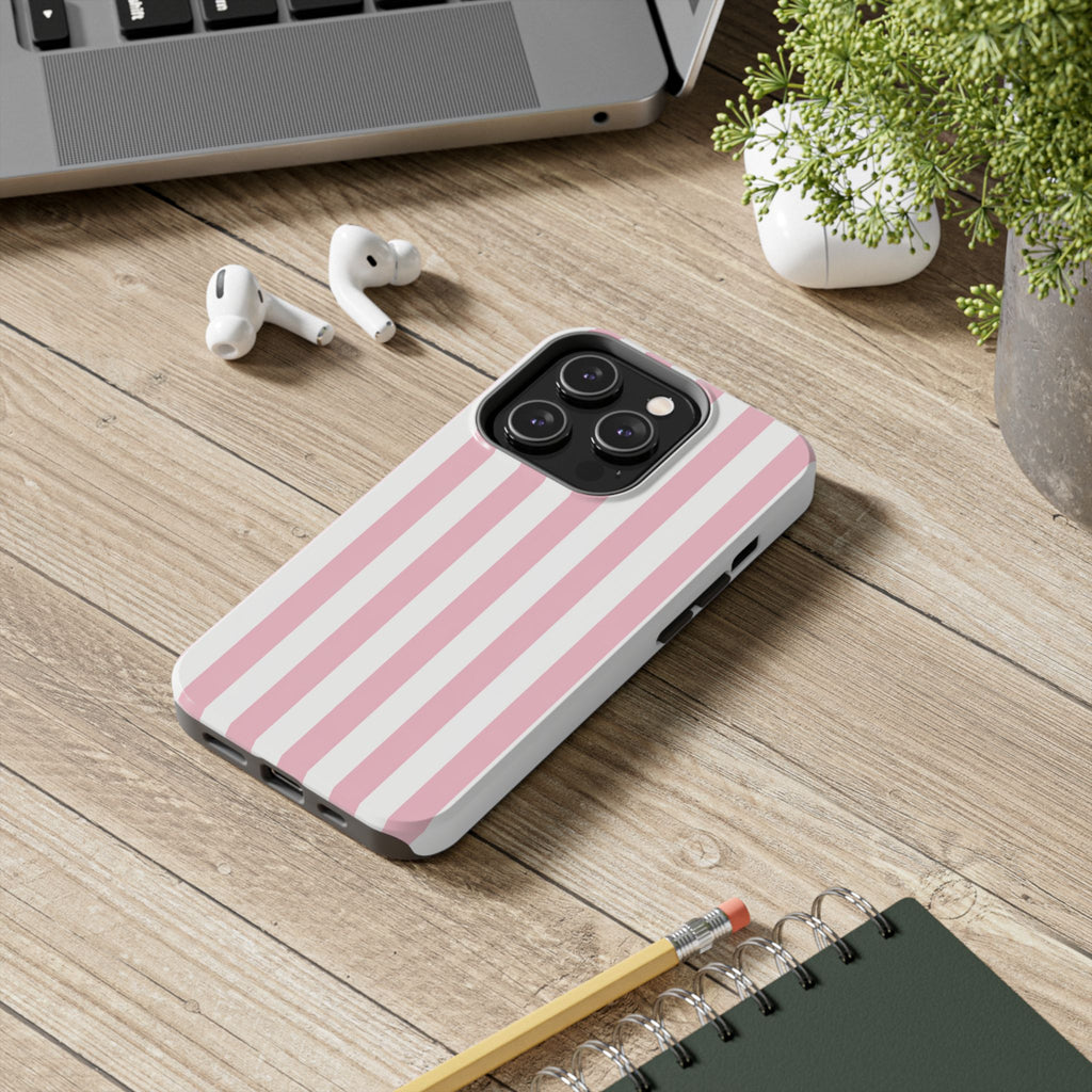 Pink Blush Striped Tough Phone Case | Soft Pink & White Preppy iPhone Case