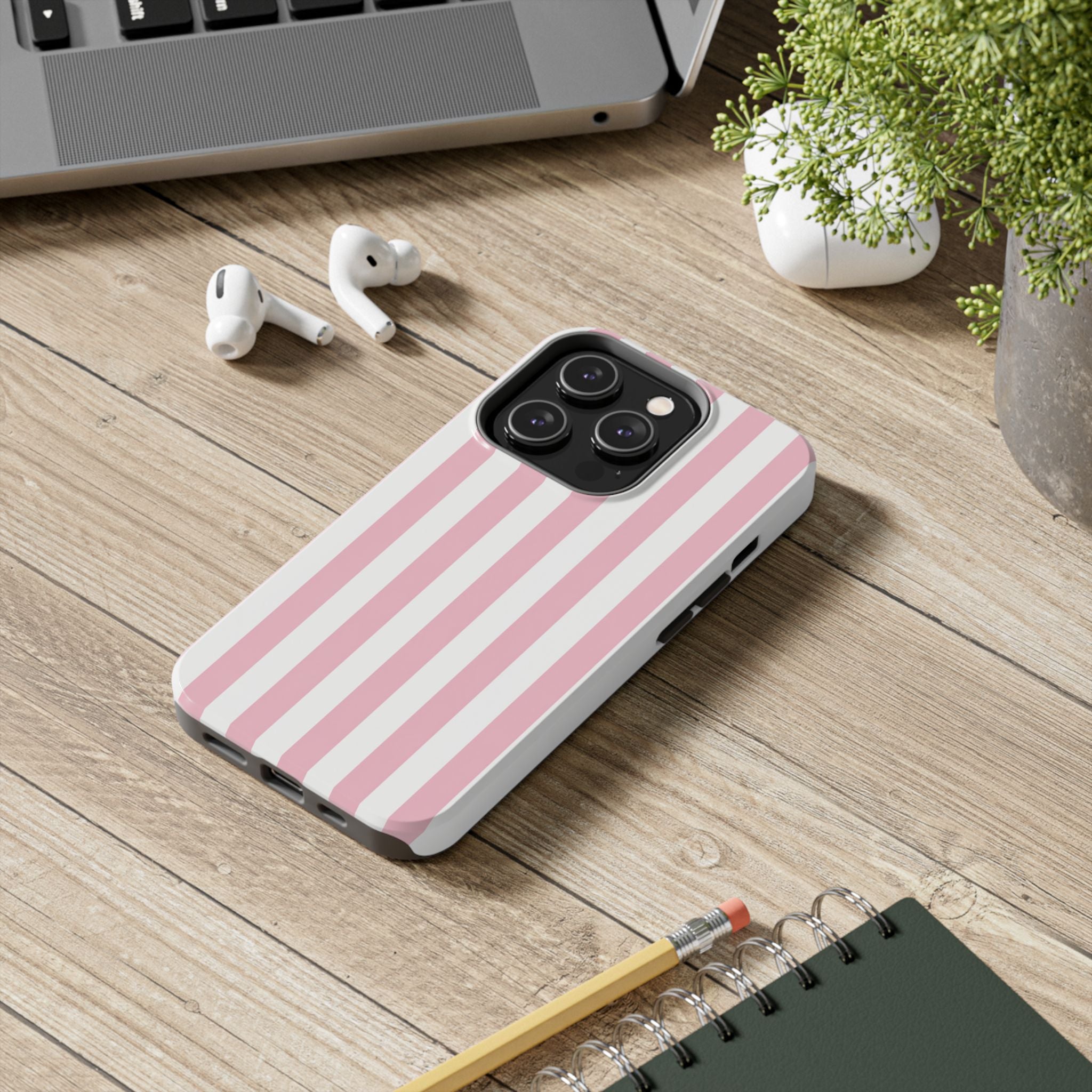Pink Blush Striped Tough Phone Case | Soft Pink & White Preppy iPhone Case