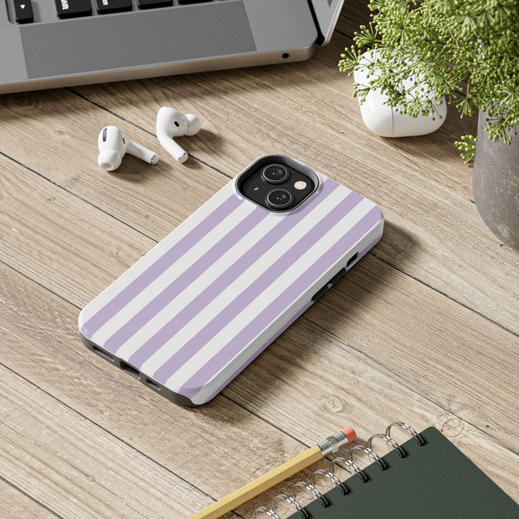 Lavender Mist Striped Tough Phone Case | Soft Purple & White Preppy iPhone Case