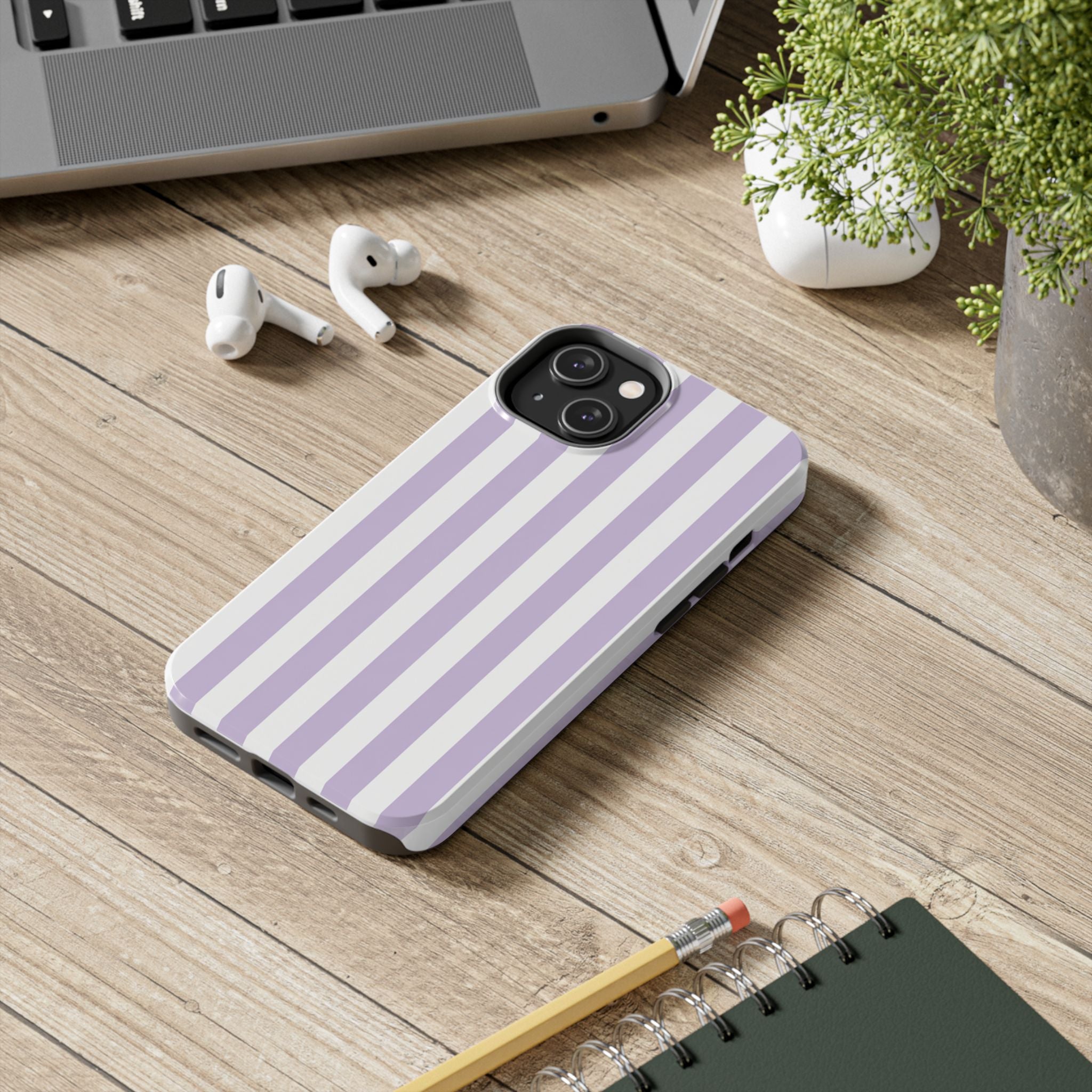 Lavender Mist Striped Tough Phone Case | Soft Purple & White Preppy iPhone Case