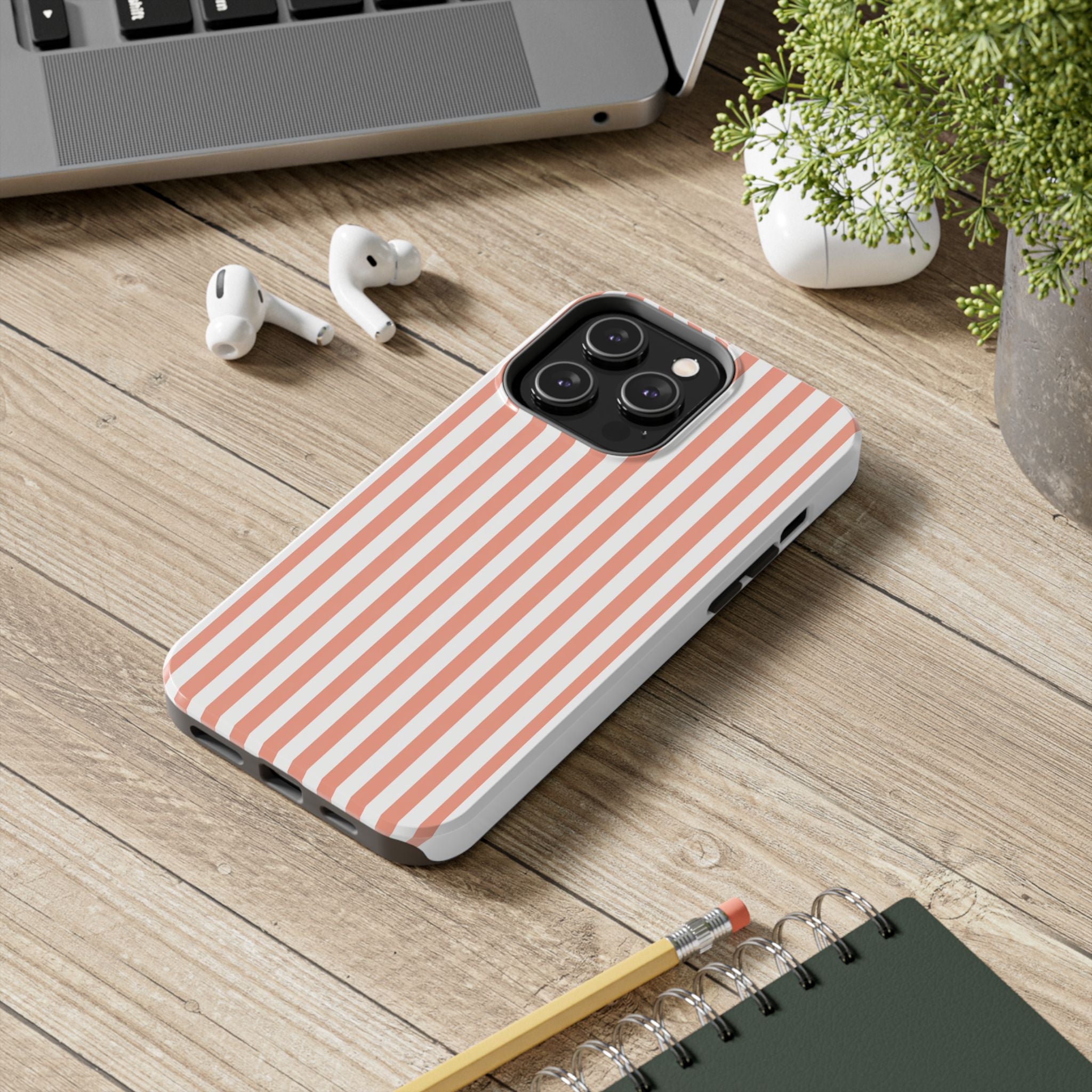 Coral Reef Striped Tough Phone Case | Coral & White Coastal iPhone Case