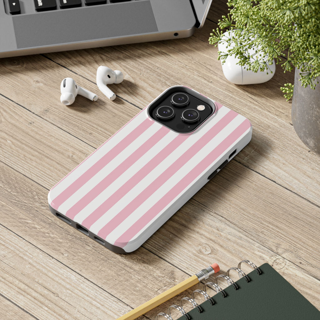 Pink Blush Striped Tough Phone Case | Soft Pink & White Preppy iPhone Case